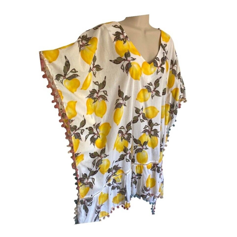 Anthropologie Violet Sky LOVELY LEMONS Cover Up with Boho Pom-poms Size M NWT